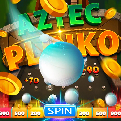 لافتة لعبة "Aztec Plinko" تعرض كرة بيضاء زرقاء كبيرة مضيئة في المنتصف تسقط على لوحة بلينكو ذات دبابيس حديدية، مع ظهور شعار اللعبة الأخضر والبرتقالي في الأعلى، وعملات ذهبية متطايرة، وشريط زر "SPIN" مع قيم مضاعفة في الأسفل.