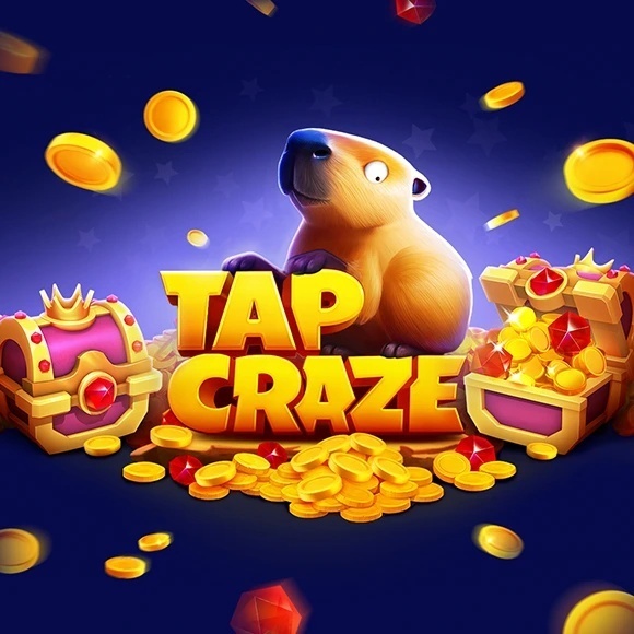 لافتة لعبة "Tap Craze" تعرض حيوان الكابيبارا كرتوني لطيف يجلس خلف شعار اللعبة الأصفر الكبير، محاطًا بصناديق كنز ذهبية مليئة بالعملات المعدنية والجواهر الحمراء المتساقطة على خلفية زرقاء داكنة مرصعة بالنجوم.