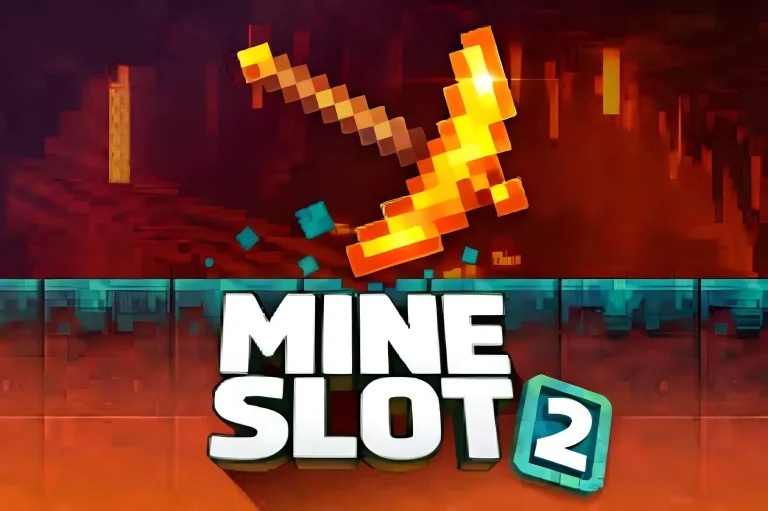 شعار لعبة "Mine Slot 2" باللون الأبيض والرمادي مع رقم 2 أخضر، يعلوه معول بكسل متوهج باللون الأصفر والبرتقالي يضرب صخرة، على خلفية كهف ماينكرافت ناري باللون الأحمر والبرتقالي.