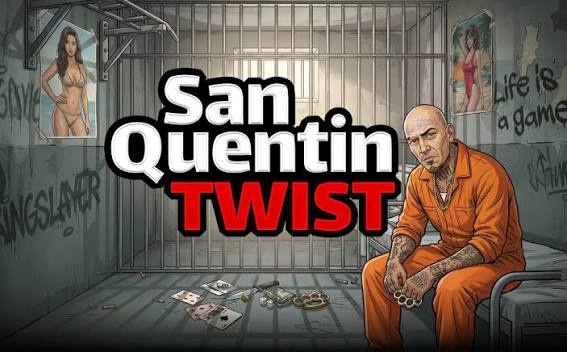 لافتة لعبة "San Quentin Twist" تعرض سجينًا وشمًا يرتدي بدلة برتقالية يجلس داخل زنزانة سجن خلف قضبان حديدية. في المنتصف يظهر اسم اللعبة بخط أبيض وأحمر بارز، وتحيط به ملصقات على الجدران وأوراق لعب وقبضة حديدية على الأرض.