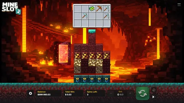 لقطة شاشة من لعبة "Mine Slot 2" تعرض واجهة مستخدم مستوحاة من ماينكرافت داخل كهف من الحمم البركانية (الذعر). تظهر في المنتصف بكرات اللعبة على شكل مكعبات وخامات، يعلوها مربع مخزون الأدوات، مع وجود بوابة نذر متوهجة في الخلفية وشريط التحكم في الرهان بالأسفل