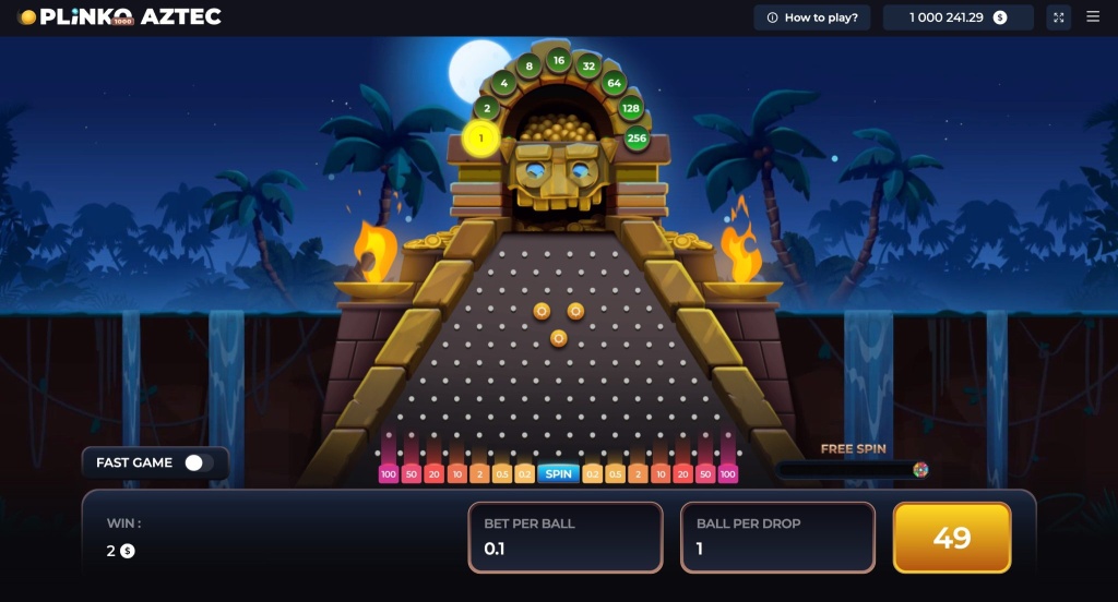 لقطة شاشة لواجهة لعبة "Plinko Aztec" تعرض لوحة بلينكو على شكل هرم أزتيك حجري في الليل محاط بأشجار النخيل والشلالات. في أعلى الهرم يوجد قناع ذهبي وعداد لمضاعفي الجوائز، وفي الأسفل تظهر خانات الأرباح الملونة ولوحة التحكم بالرهان واللفات.