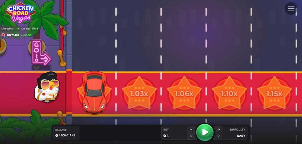لقطة شاشة لواجهة لعبة "Chicken Road Vegas" تعرض دجاجة ترتدي زي إلفيس بريسلي تقف على سجادة حمراء بجانب طريق سريع. تظهر سيارة رياضية حمراء ونجوم تعرض مضاعفات الأرباح (مثل 1.03x و1.06x)، مع وجود لوحة التحكم في الرهان والمستوى بالأسفل.