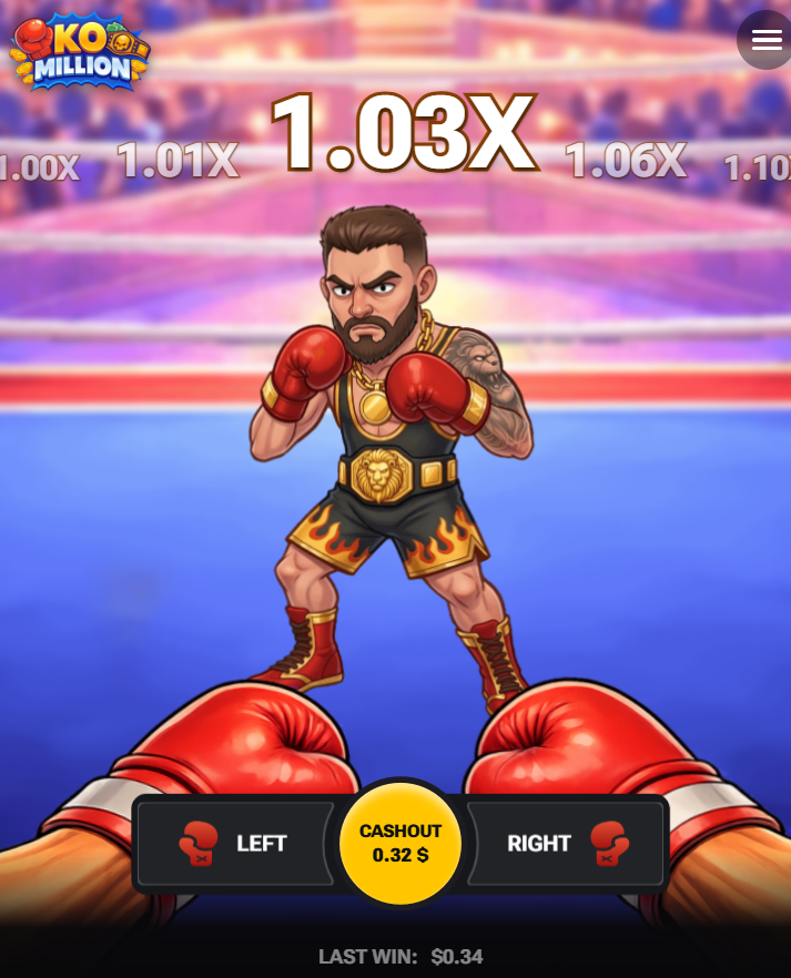 KO Million على الهاتف مع أزرار Left وRight وCashout
