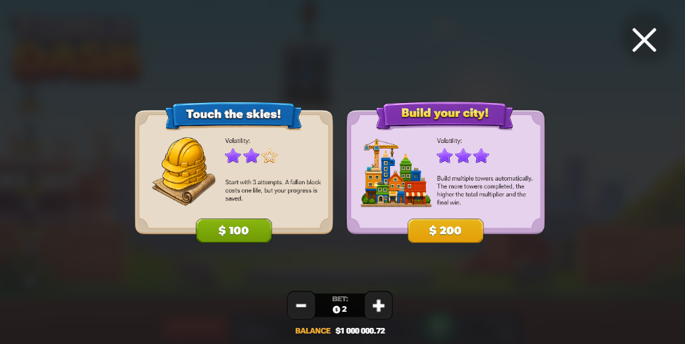 شراء المكافأة في Tower Dash مع Touch the skies وBuild your city