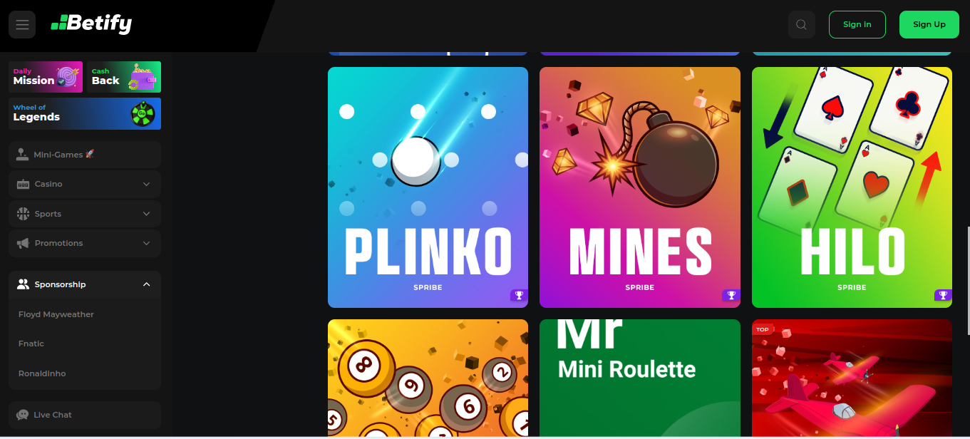 الألعاب المصغّرة في Betify مثل Plinko وMines وHilo